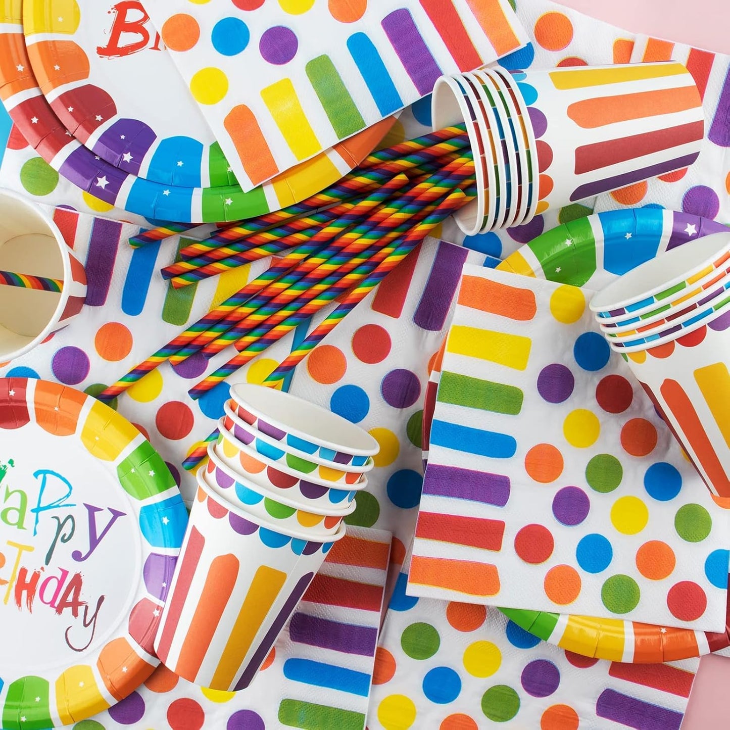 125Pcs Rainbow Birthday Party Tableware Set, Party Paper Plates Cups Napkins Straws Rainbow Birthday Party Supplies Kids Birthday Party Decorations for 25 Guests