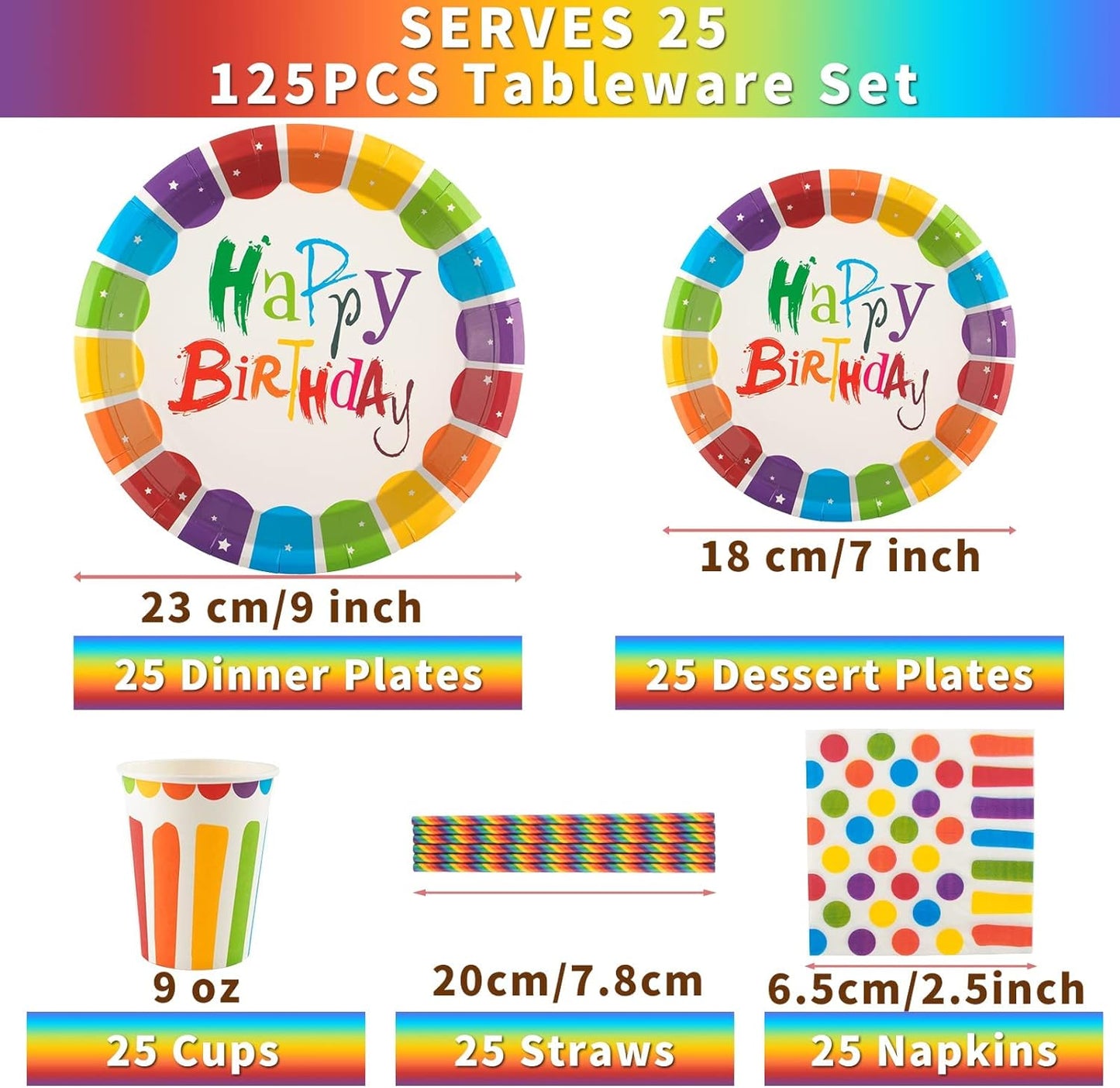 125Pcs Rainbow Birthday Party Tableware Set, Party Paper Plates Cups Napkins Straws Rainbow Birthday Party Supplies Kids Birthday Party Decorations for 25 Guests