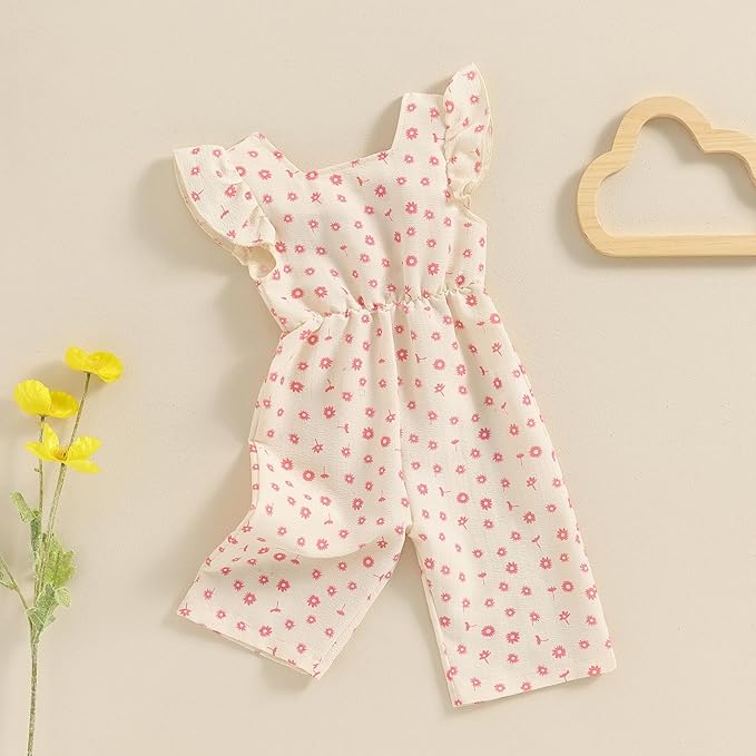 Toddler Baby Girl Summer Flower Print Ruffle Flying Sleeveless Romper Jumpsuit Pants Cotton Bow Tie Trouser Outfit Clothes Tracksuit Set