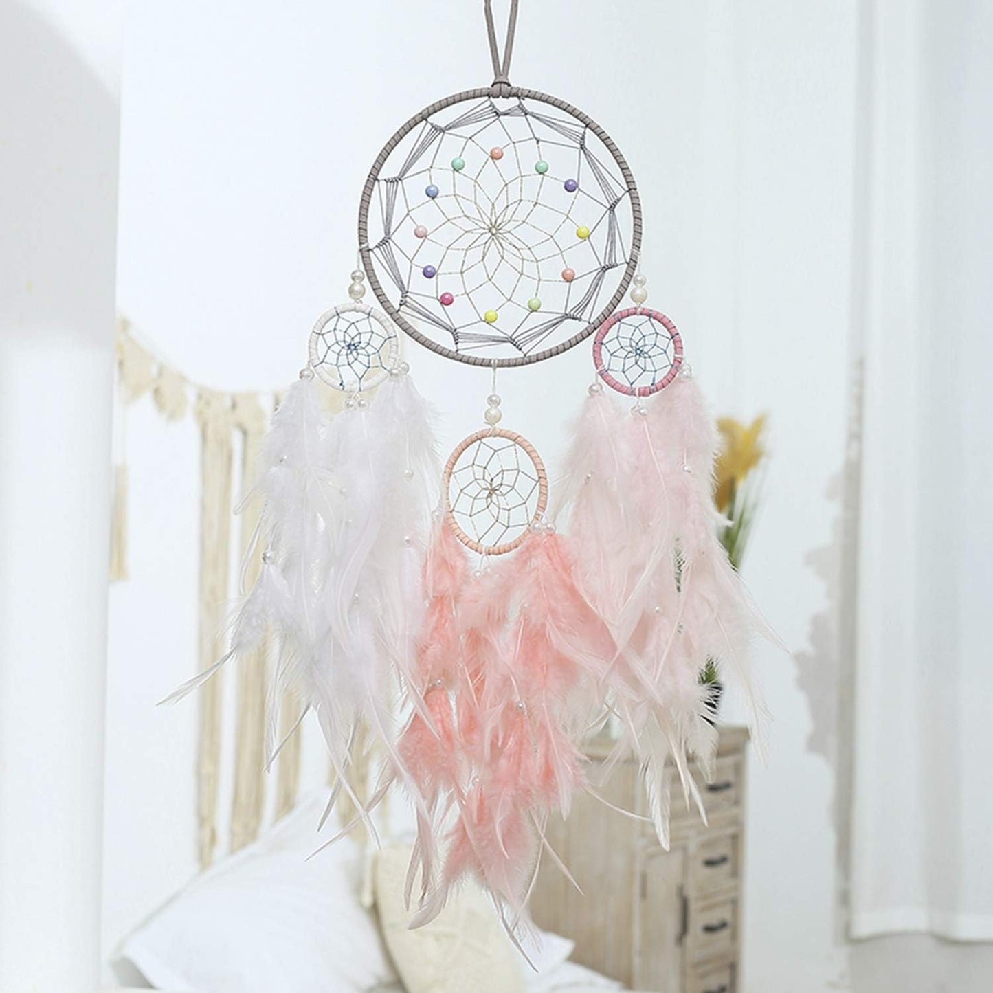 Dream Catcher for Girl Pink, Handmade Romantic Unique DreamCatcher Beads and Feathers Wall Hanging Ornament Gift for Bedroom