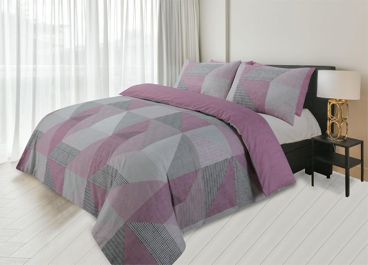 Matrix Geometric Pink Grey Double Duvet Set Reversible Easy Care Cotton Blended Bedding (Pink, Double)