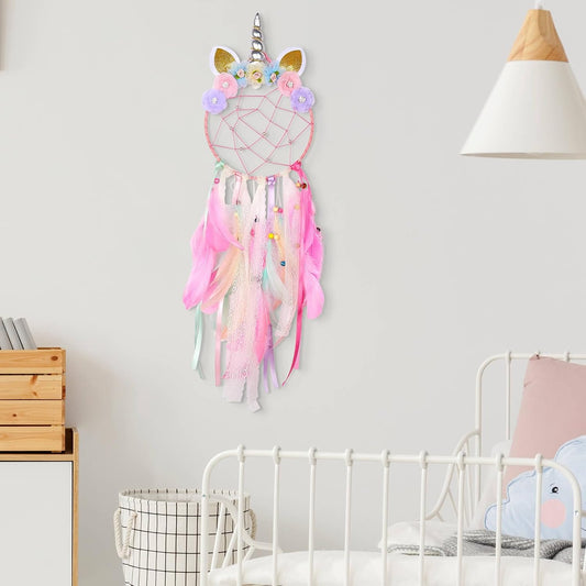 Unicorn Dream Catcher Girls Large Dreamcatcher Kids Bedroom Accessories Handmade Colorful Featrher Flowers Wall Hanging Decoration Nursery Blessing Birthday Gift