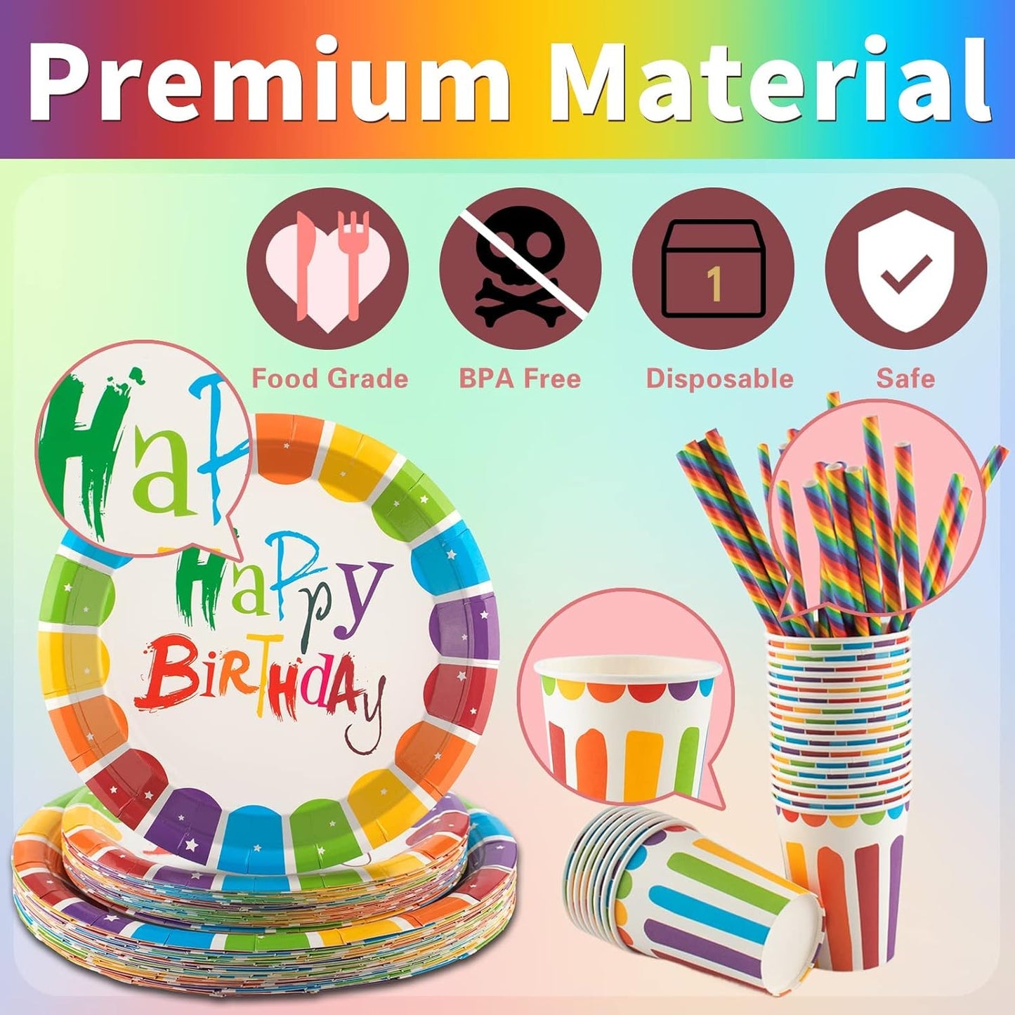 125Pcs Rainbow Birthday Party Tableware Set, Party Paper Plates Cups Napkins Straws Rainbow Birthday Party Supplies Kids Birthday Party Decorations for 25 Guests