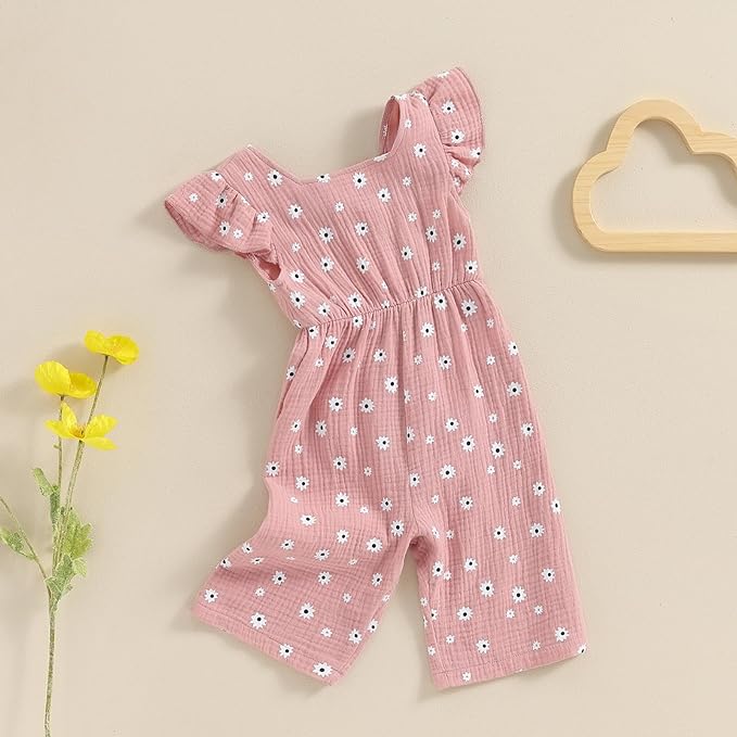 Toddler Baby Girl Summer Flower Print Ruffle Flying Sleeveless Romper Jumpsuit Pants Cotton Bow Tie Trouser Outfit Clothes Tracksuit Set