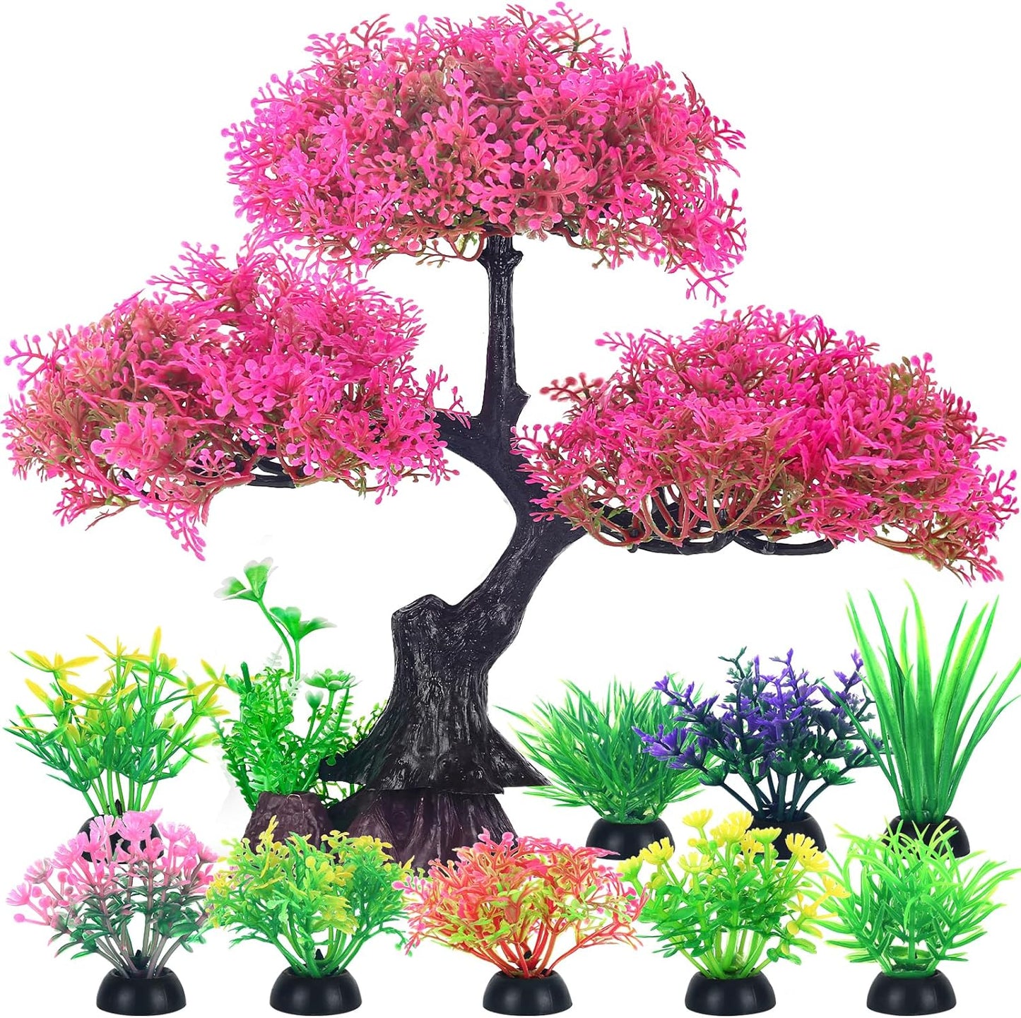 Aquarium Tree Plants Decorations, Fish Tank Plastic Plant Decor Set 10 Pieces (Pink)