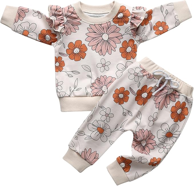 Baby Girl Clothes 2Pcs Sets Floral print Long Sleeve Ruffle Top Pants Outfits Set