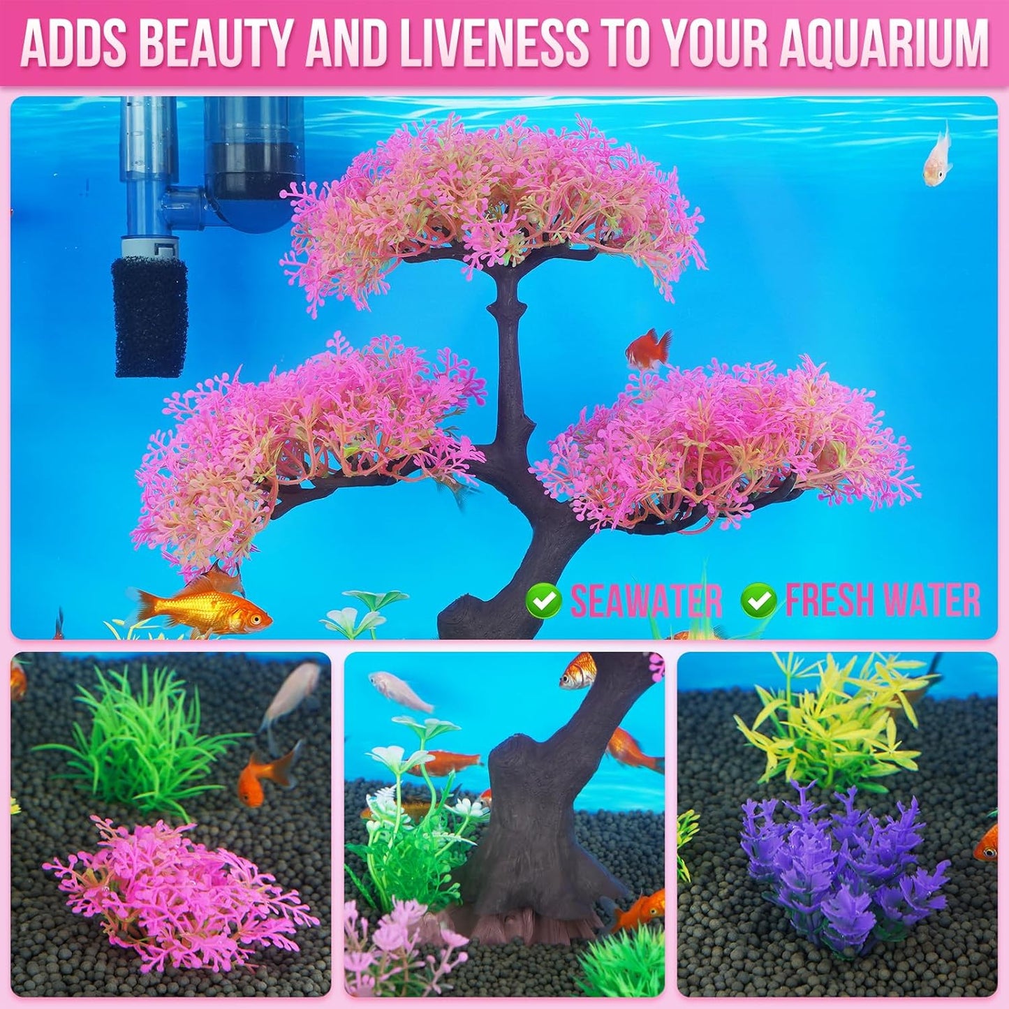 Aquarium Tree Plants Decorations, Fish Tank Plastic Plant Decor Set 10 Pieces (Pink)