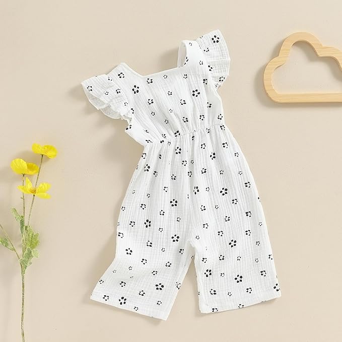 Toddler Baby Girl Summer Flower Print Ruffle Flying Sleeveless Romper Jumpsuit Pants Cotton Bow Tie Trouser Outfit Clothes Tracksuit Set